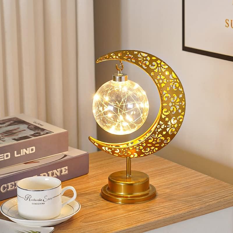 PLATUGold Moon Star Table Lamp, LED Moon Orb, Battery Powered, Iron Material, Home Decor