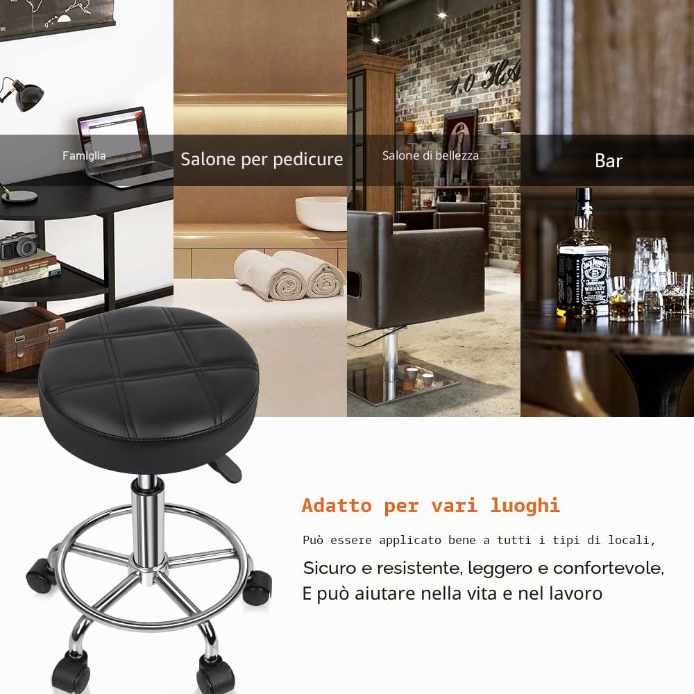 KKTONER Sgabello Rotondo con Ruote Regolabile, Sedia da Lavoro Imbottita con Cuscino in Pelle, Piccolo e Confortevole, per Casa, Parrucchiere, Ufficio, Studio Nero