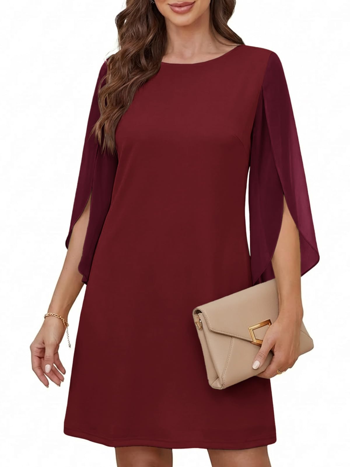 Cicy Bell Damen Rundhals Cocktailkleid Elegant Kleid Mesh 3/4 Arm Partykleid Einfarbig Freizeitkleid Knilang Sommerkleid