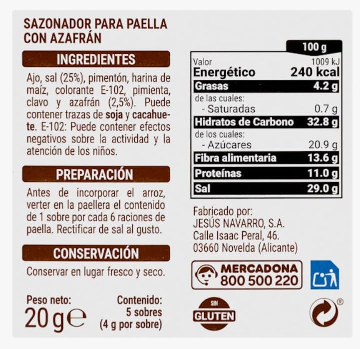 Condimento per paella allo zafferano, senza glutine, 4 confezioni da 5 bustine ciascuna