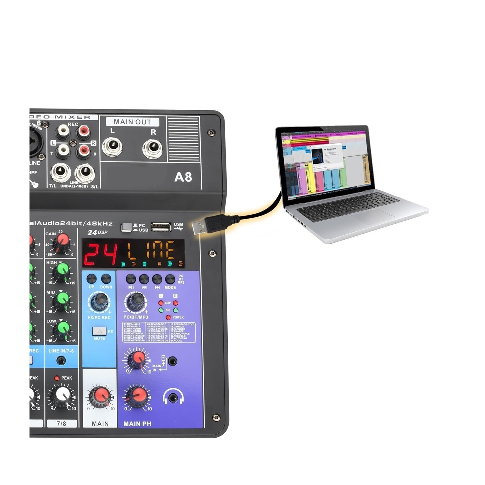 Audiomixer, 8-Kanal-DJ-Sound-Mischpult 24 DSP-Effekt-Audio-Mixer PC USB-Wiedergabe Aufnahme 48V Contoller Mischpult A8 für Studio-Karaoke
