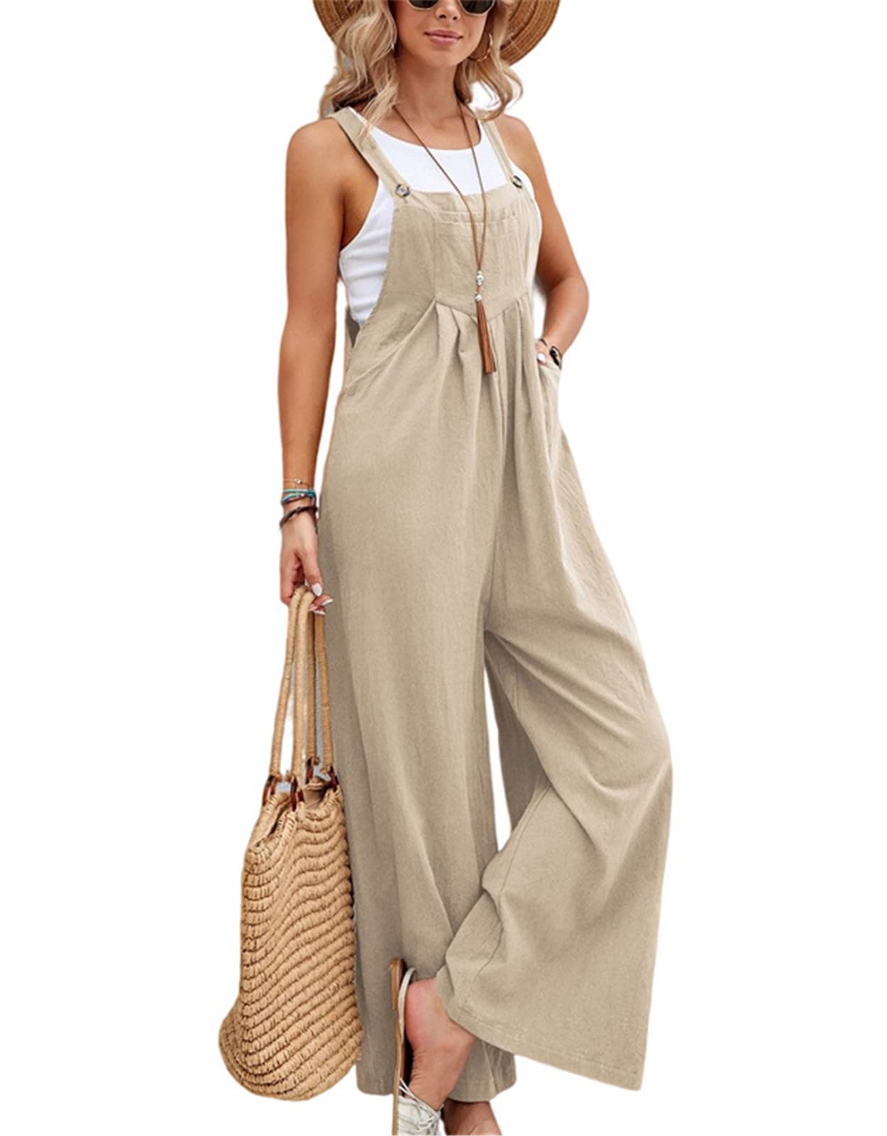 SotRong Mono de pierna ancha con bolsillo para mujer, overol de verano bohemio sin mangas, con tirantes