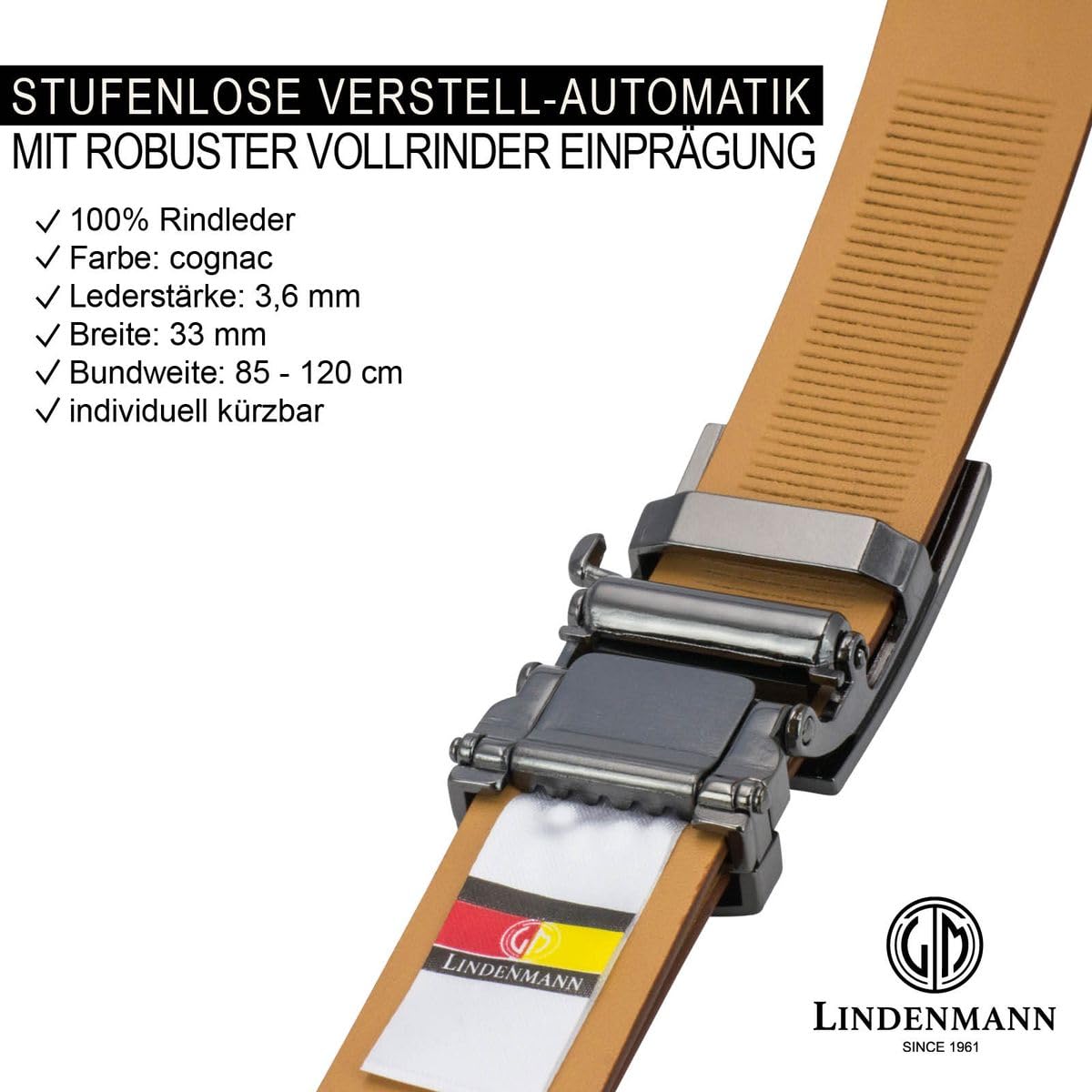 Lindenmann Cintura in pelle per uomo cintura in pelle di mucca, 33 mm di larghezza e 3,6 mm forte, regolabile, cintura, cintura in pelle, cintura classica, autobloccante, cognac