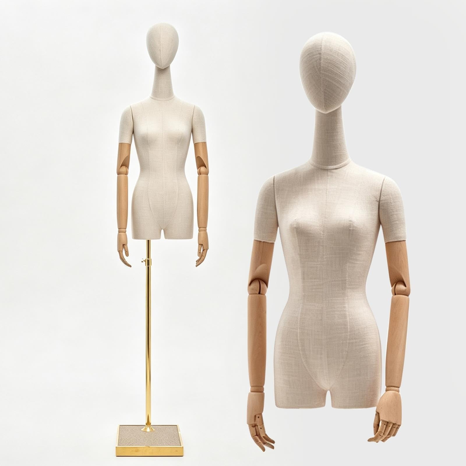 Maniquí Mujer Cuello Largo, Torso Lino, Brazos de Madera, Soporte Ajustable