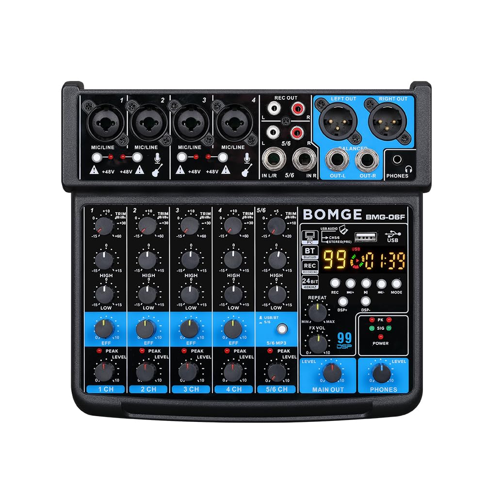 BOMGE Mini Mixer Audio DJ a 6 Canali con Interfaccia MP3 USB, Registrazione Stereo Bluetooth, Alimentazione Phantom 48V, DSP 99 per lo streaming di performance karaoke