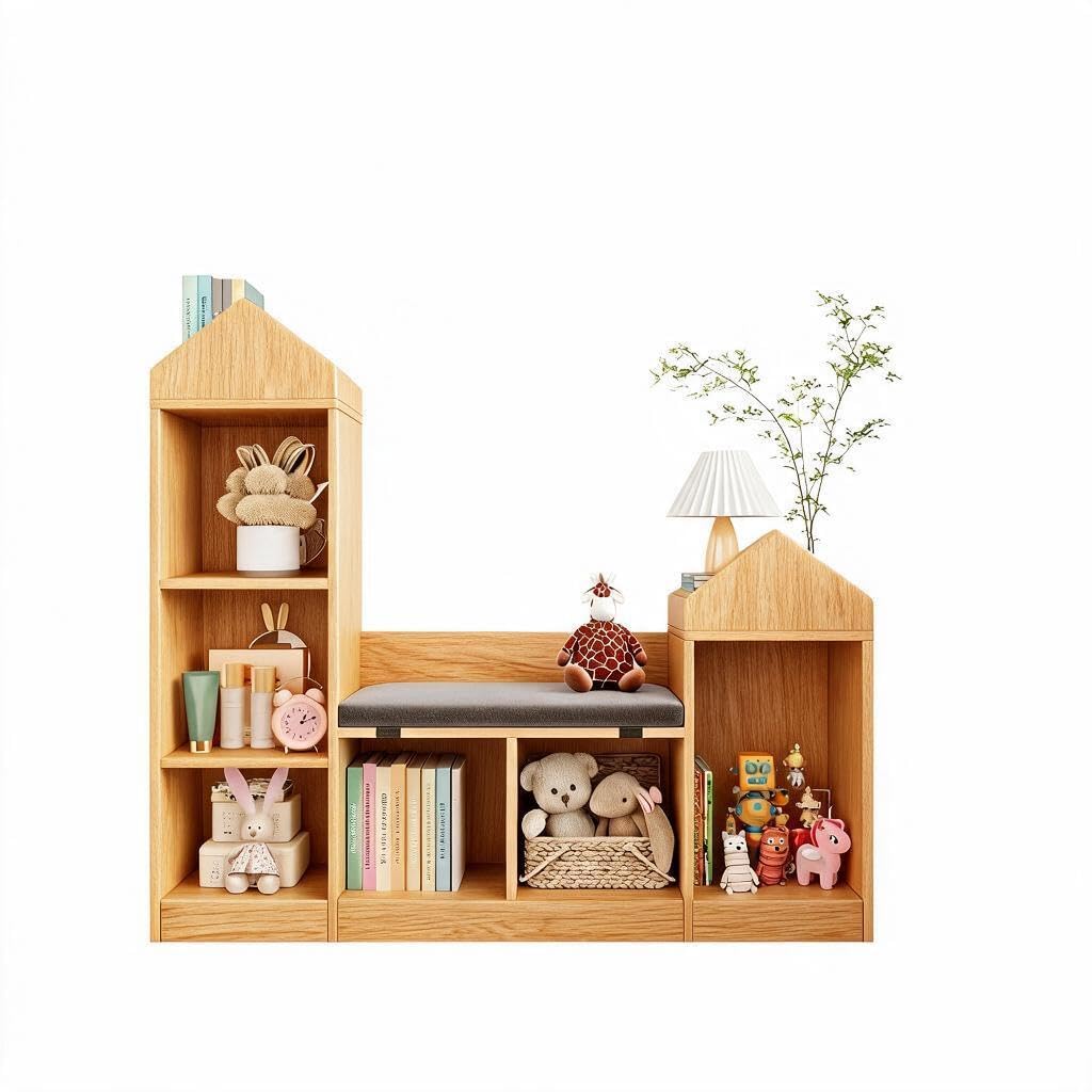 Librería infantil con banco y almacenamiento, mueble MDF natural para