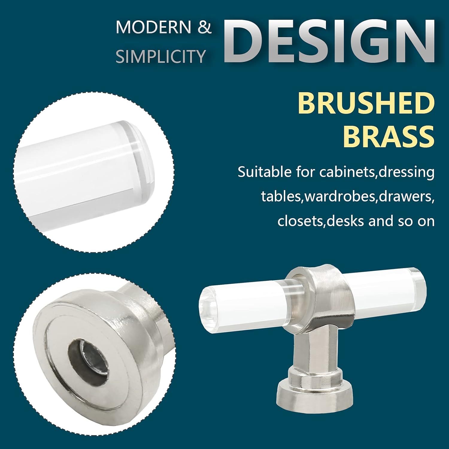 5 Pack Acrylic Kitchen Cabinet Handles Knobs Brushed Nickel Drawer Knobs, T Bar Silver Cabinet Pulls for Dresser Drawers Cupboard Wardrobe, 2-3/8" Overall Length