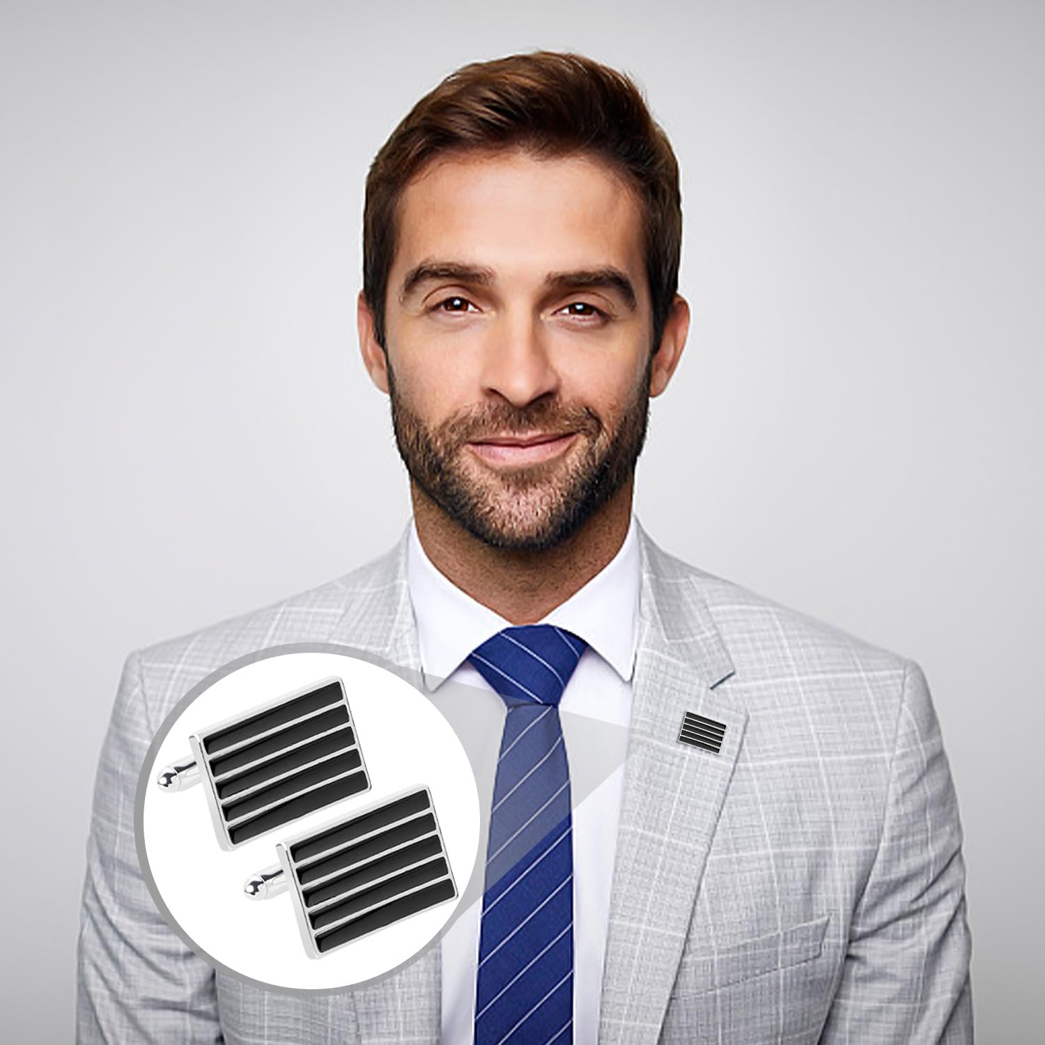 Set di 2 paia di gemelli in acciaio inossidabile, a righe, personalizzati, da uomo, camicia (nero/argento), Taglia unica, Acciaio inossidabile, Nessuna pietra preziosa