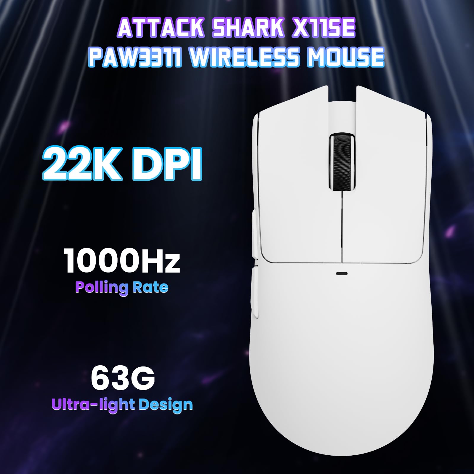 ATTACK SHARK X11SE Souris de Jeu sans Fil, Ultra-légère, 63g, avec Capteur PixArt PAW3311, 22000 PPP, Trimode BT/2,4GHz/Filaire, 1000 Hz, Batterie 300 mAh, Double Pilote, pour PC/Mac (Blanche)
