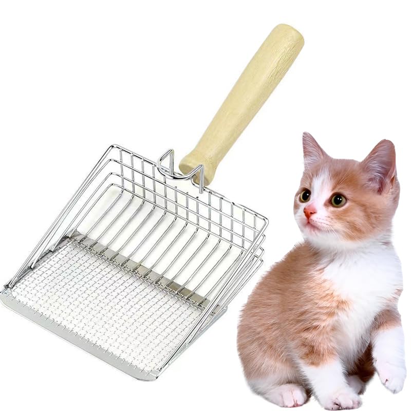PlushPlumage Cat Litter Scoop-Thin Edge -Stainless Steel Mesh Cat Litter Shovel with Dual Sifting Gaps,Anti-Stick Wood Handle.Cat Dog Rabbit Sand Bath Cleaning Tool