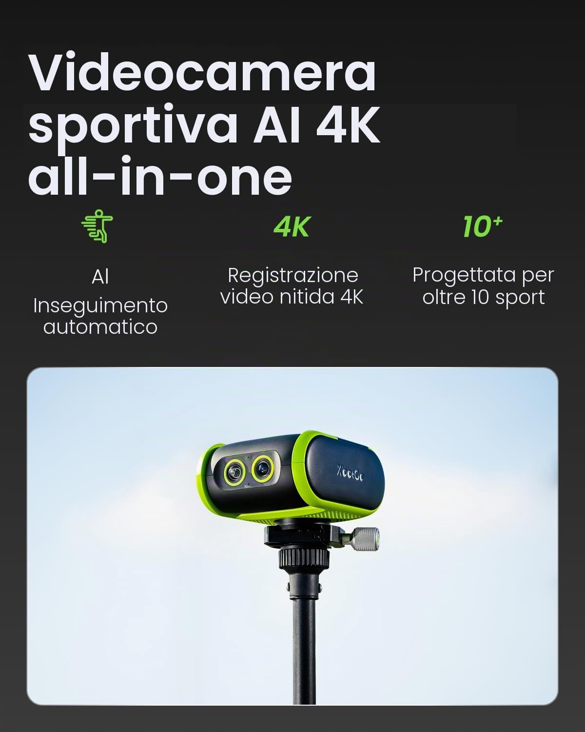 XbotGo Falcon 4K AI Sport Fotocamera con tracciamento automatico - Calcio & Pallacanestro per squadre, Action Cam con streaming live senza ABO, doppia fotocamera, fino a 4,5 ore di registrazione