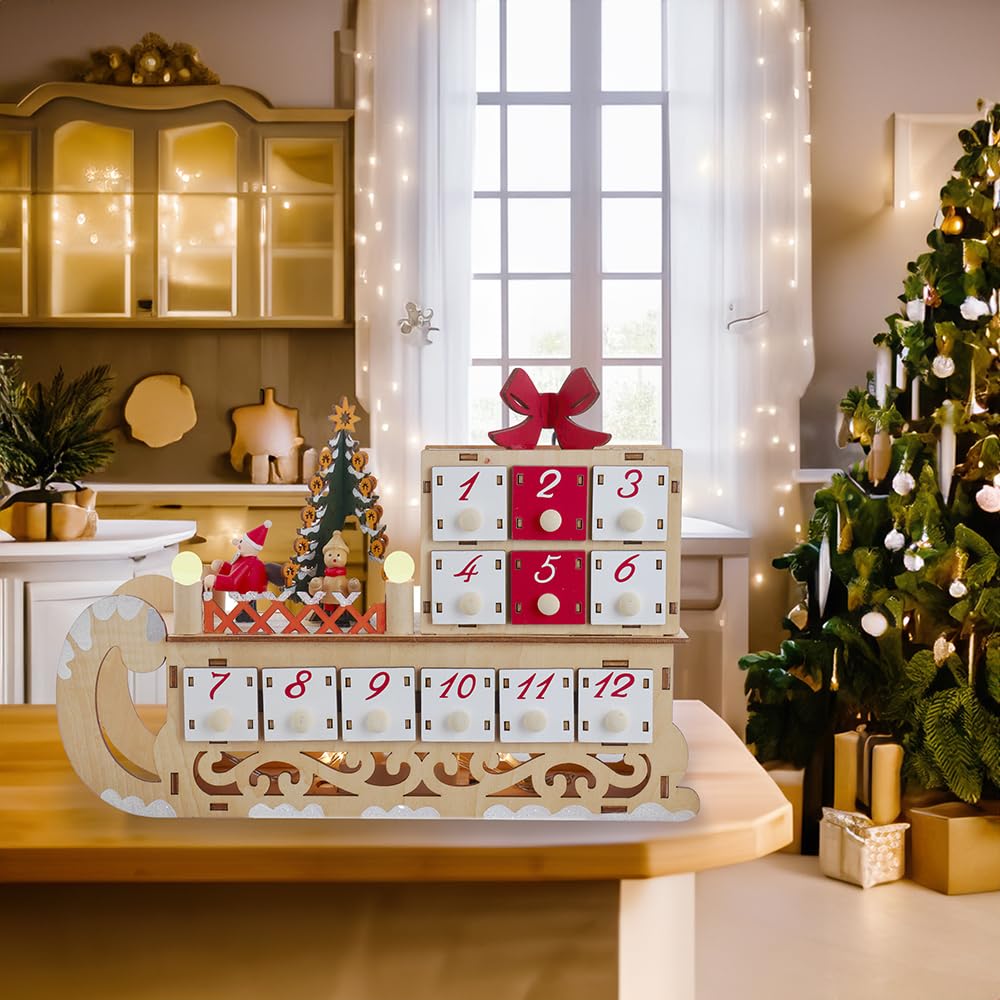 Kurt S. Adler Kurt Adler Adventskalender, batteriebetrieben, 6 LEDs, Weihnachtsmann-Schlitten, 21,6 cm, Hellbraun