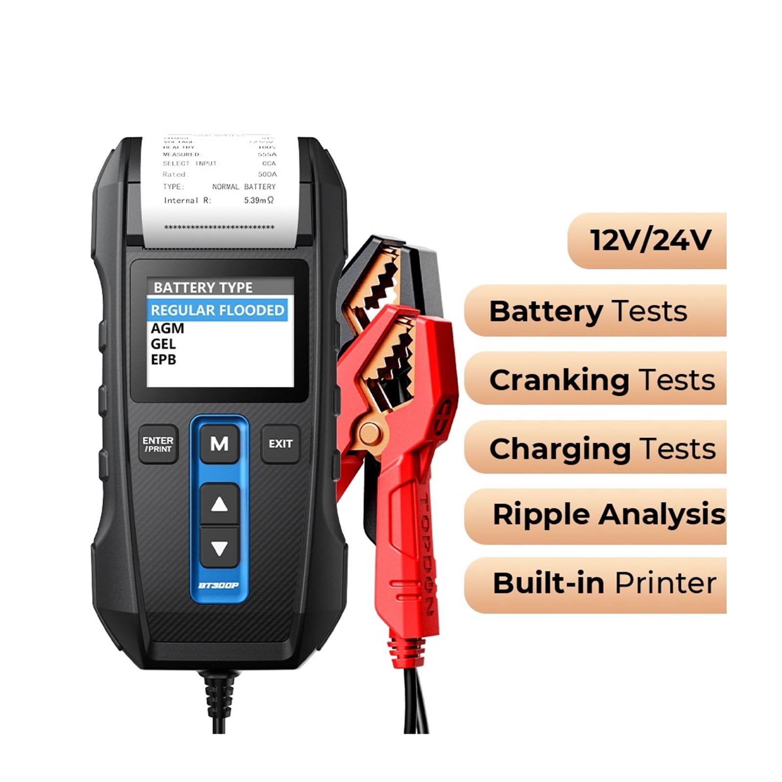 Tester per batterie, Tester for batteria BT300P con stampante 12V, strumenti di prova for avviamento e ricarica digitale for auto, analizzatore for veicoli 100-2000CCA