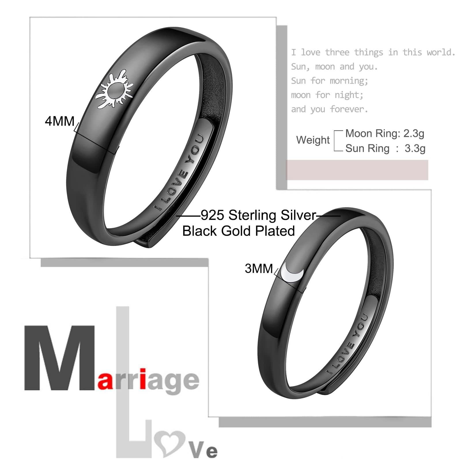 Beydodo 1Par Anillo Pareja Ajustable Plata de Ley Redondo Grabado Luna Sol Anillos de Compromiso de Plata