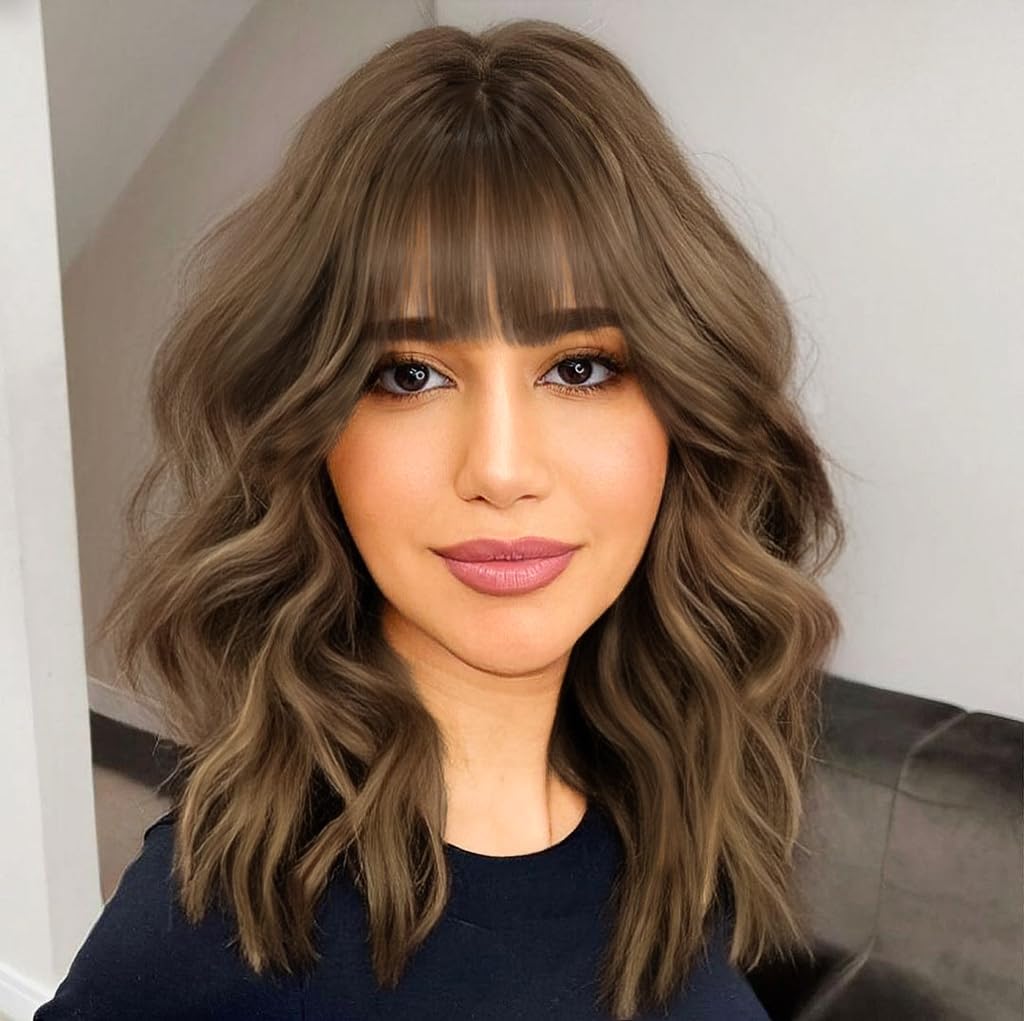 aisi hair synthetic wavy curly bob wig with bangs brown mix caramel blonde wig short bob wavy hair wigs for women synthetic heat resistant bob wigs
