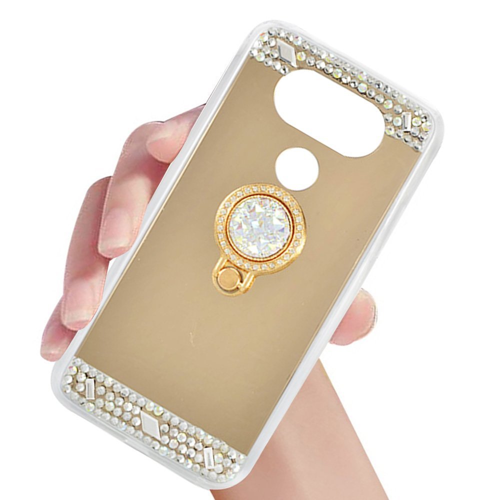 LG V20 Case,XIHUA Luxury Crystal Rhinestone Soft Rubber Bumper Bling Diamond Glitter Mirror Makeup Case with Ring Stand Holder for LG V20 - Gold