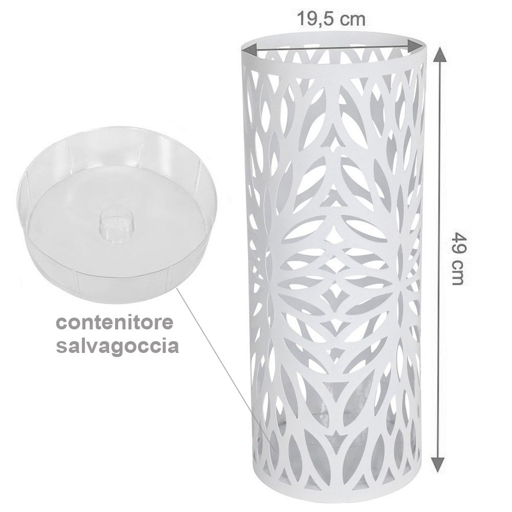 Bakaji Portaombrelli Stand in Ferro Design Colore Bianco Vaschetta Salvagoccia e Ganci Dimensioni 49 x 19,5 cm