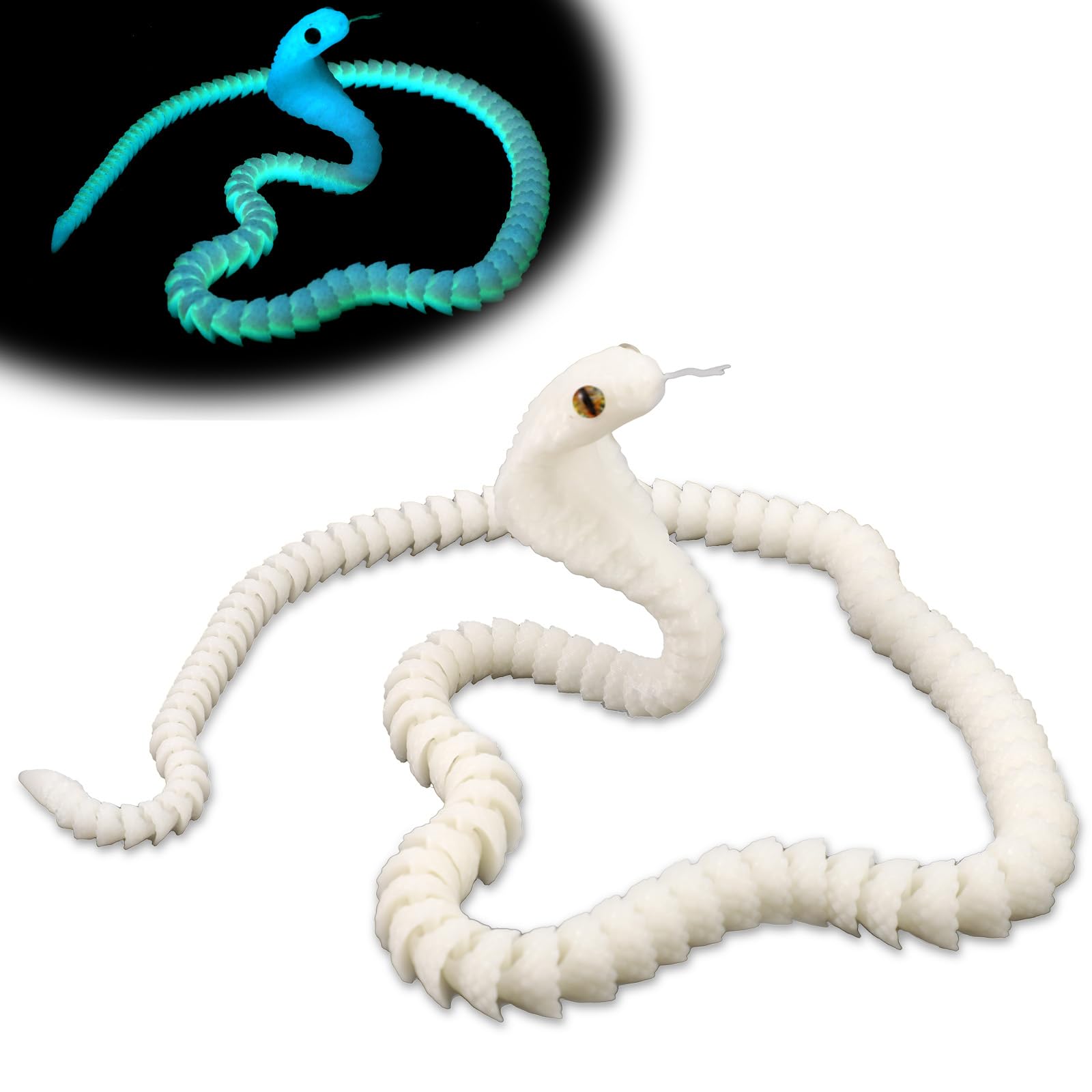 Gosknor 3D Printed Snake, 23.6in Articulated Cobra Crystal Like 3D Printed Rattlesnake Realistic 3D Printed Fidget Animals Flexible 3D Printed Toy for Home Office Decor Stuff (Luminous Rainbow Color)