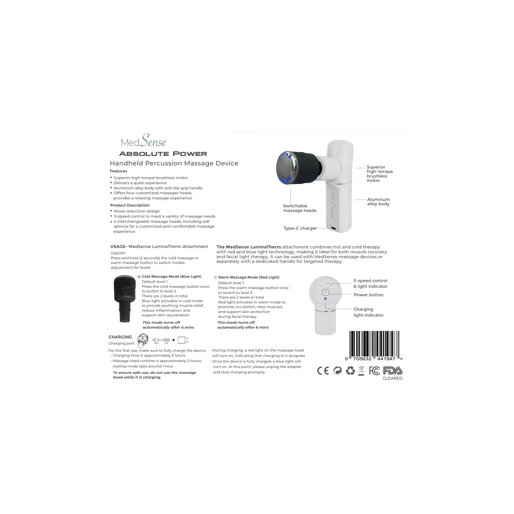 Medsense Absolute Power - Road Warrior Massagepistole mit LuminaTherm Aufsatz (Rot/Blaues Licht + Heiß/Kalt) - Deep Tissue Percussion Massagegerät, USB-C Aufladung, 5 Stunden Akku, 5 Jahre Garantie