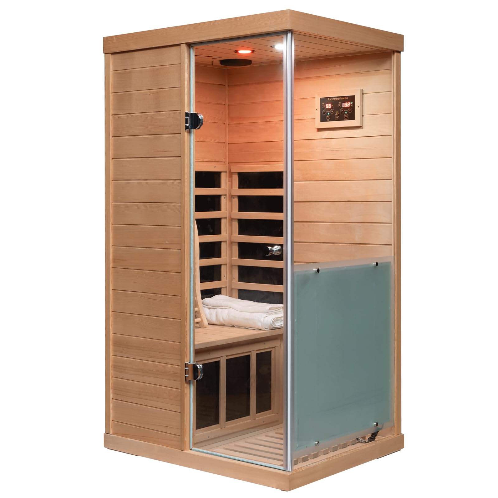 LTCCDSS 1 Person Infrared Sauna, Infrared Sauna for Home, 1060W Sauna with Red Lamp, Bluetooth Speakers, Indoor Lamp, 2 Tempered Glass Door, Hemlock Sauna Right Door