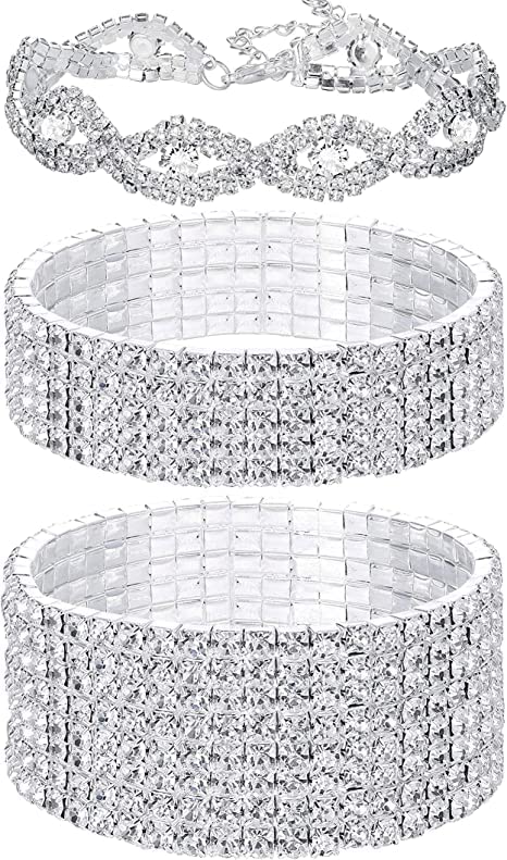 3 Pcs Rhinestone Stretch Bracelets for Women, Alloy Adjustable Size, Bridal Sparkly Wedding, Strand Tennis Set, Silver for Ladies Men Bride