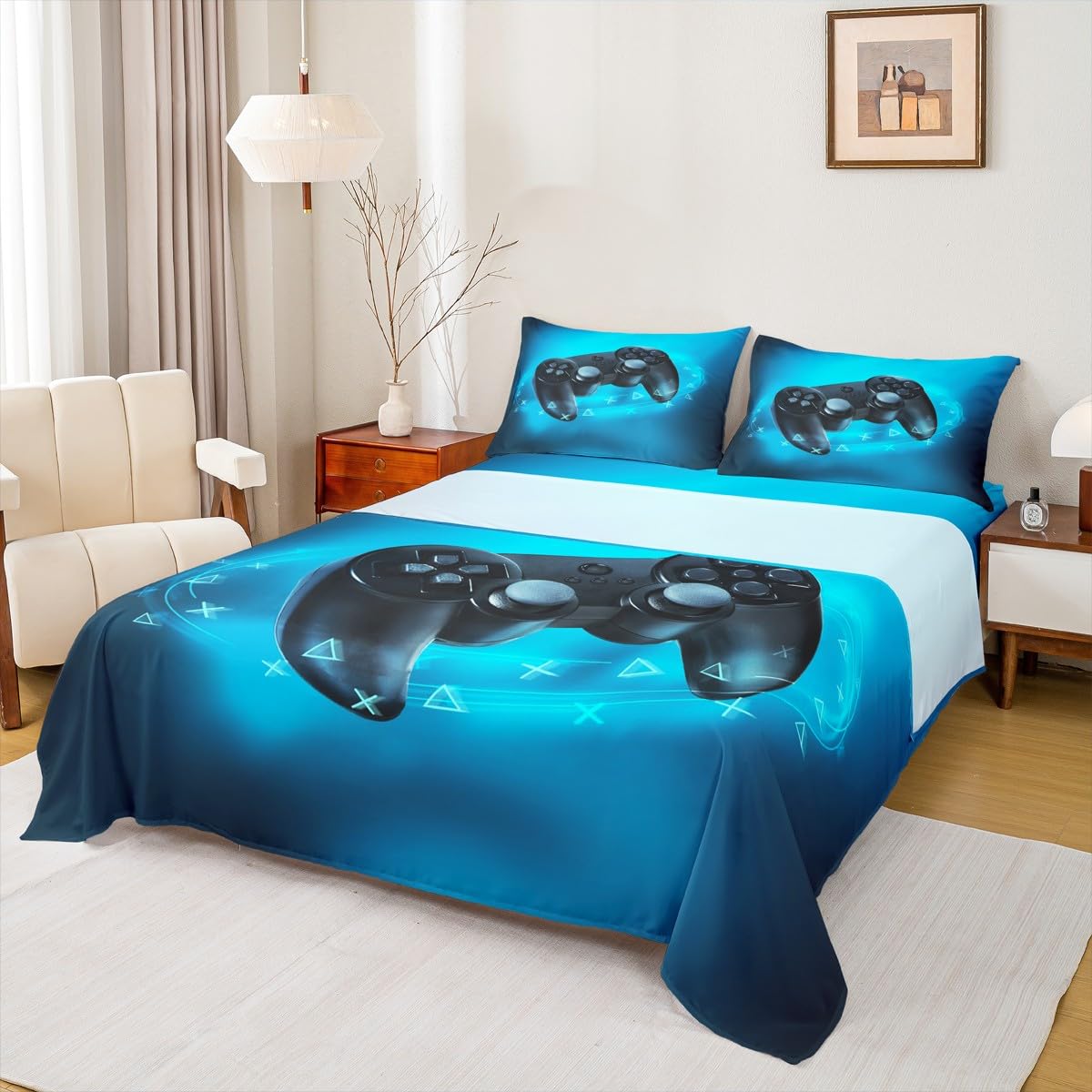 Erosebridal Gaming Bed Sheet Queen Size 4Pc, Teens Video Games Fitted Sheet Kids Boys Gamepad Sheet Set Modern Gamer Fitted Sheet+Novelty Game Flat