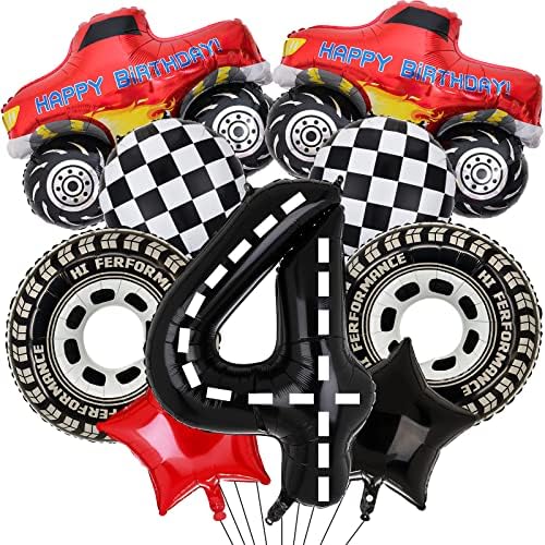 Monster Truck Party Decorations, 9pcs Monster Truck Birthday Number Foil Balloon for Monster Truck 4th Birthday Race Car Theme Party Supplies (4th)