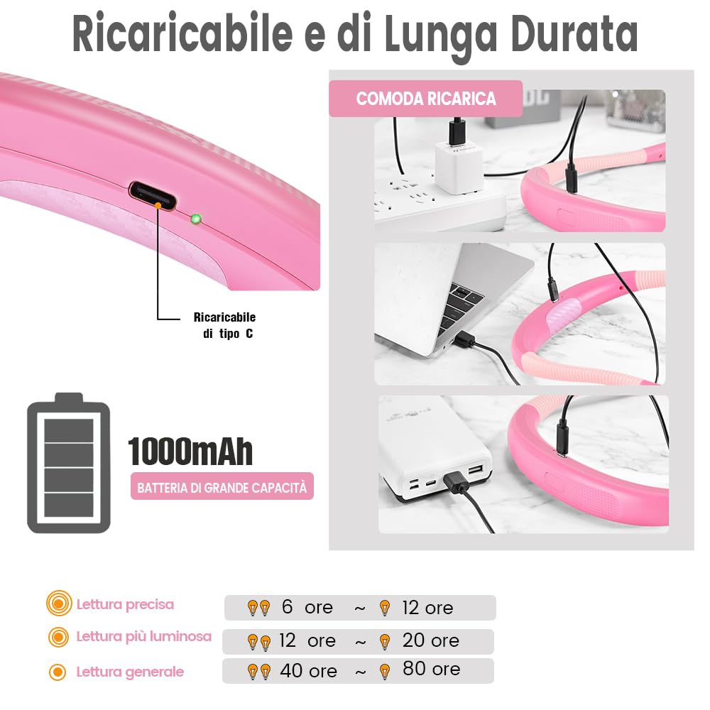 Glocusent Lampada da Lettura, LED luce del libro, Ricaricabile, 3 Colori, 6 Livelli di luminosità, Bracci pieghevoli, mani libere, Perfetta per E-Reader, Studio,Letto,Viaggi,Lavoro a Maglia