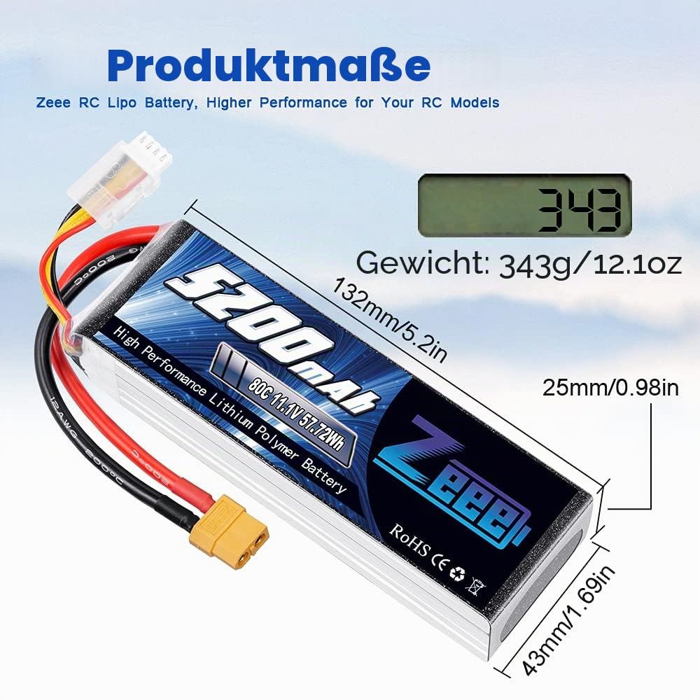 Zeee 3S LiPo Akku 5200mAh 11,1V 80C mit XT60 Steck(2 Packungen) | RC Batterie für RC Auto, RC Flugzeug, RC Hubschrauber, RC Hobby
