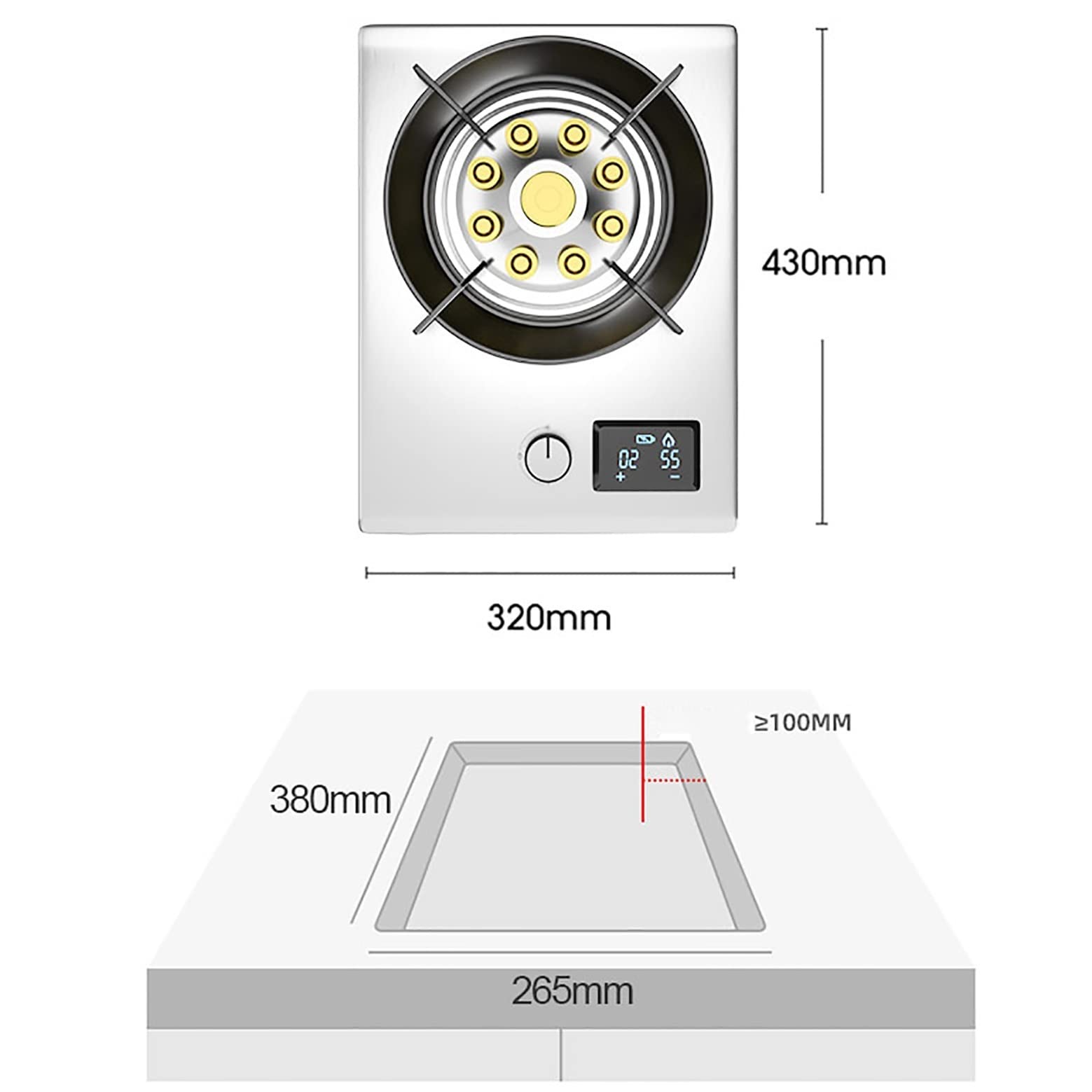 Fornello da campeggio a gas portatile Piano cottura a gas Singolo fornello Fornello da cucina da incasso Cottura da tavolo Vetro nero largo 33 cm Per riscaldare | cucinare | cucinare | frigg