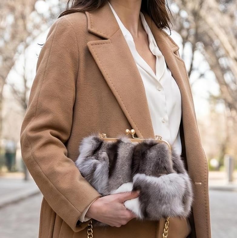 Image of Luxurious Fashion Natural Fox Fur with Hair Handbag for Women and Ladies