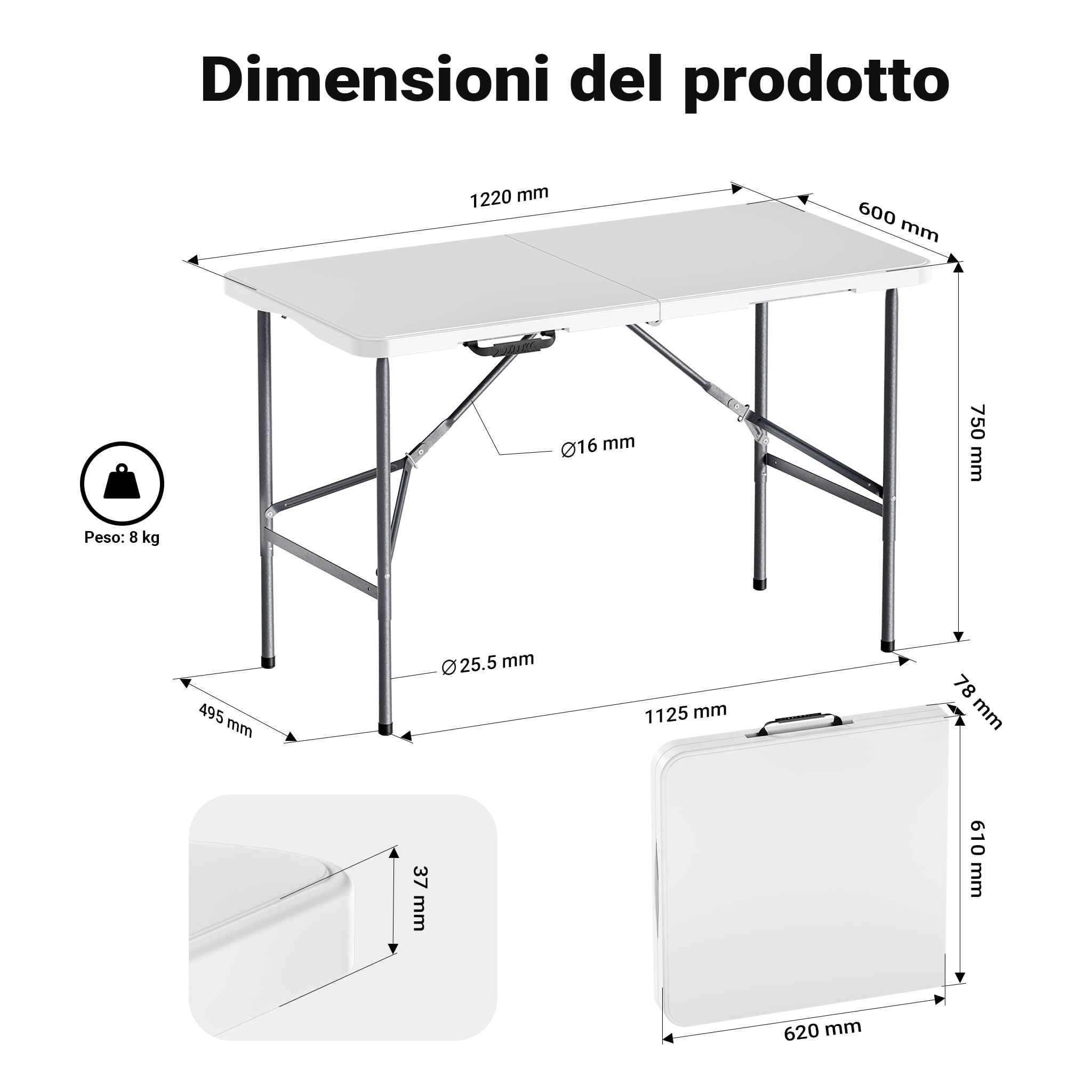 Wiltec Tavolo da campeggio richiudibile 122x60x75cm bianco per giardino esterno