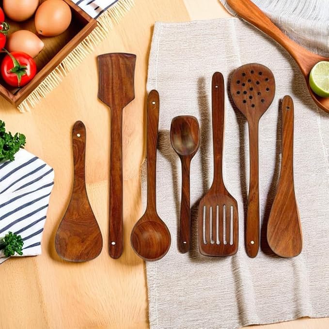 Fun Shelf Set of 7 Natural Wooden Cooking Spoons: Handcrafted, Non-Stick, & Versatile Kitchen Utensils for Everyday Culinary Excellence. (Brown)
