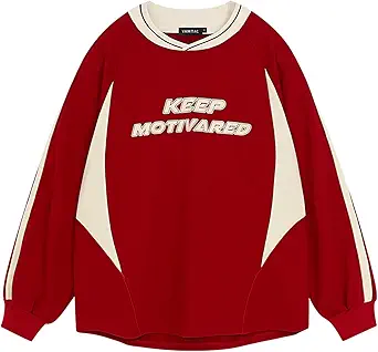 Vamtac Letter Graphic Crewneck Sweatshirts for Men Vintage Color Blocking Long Sleeve Casual Pullover Top