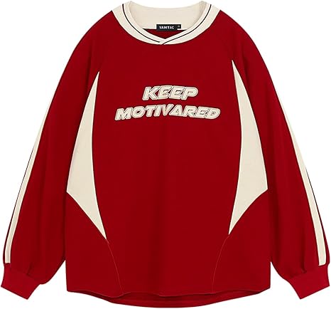 Vamtac Letter Graphic Crewneck Sweatshirts for Men Vintage Color Blocking Long Sleeve Casual Pullover Top