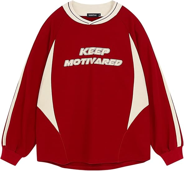 Vamtac Letter Graphic Crewneck Sweatshirts for Men Vintage Color Blocking Long Sleeve Casual Pullover Top