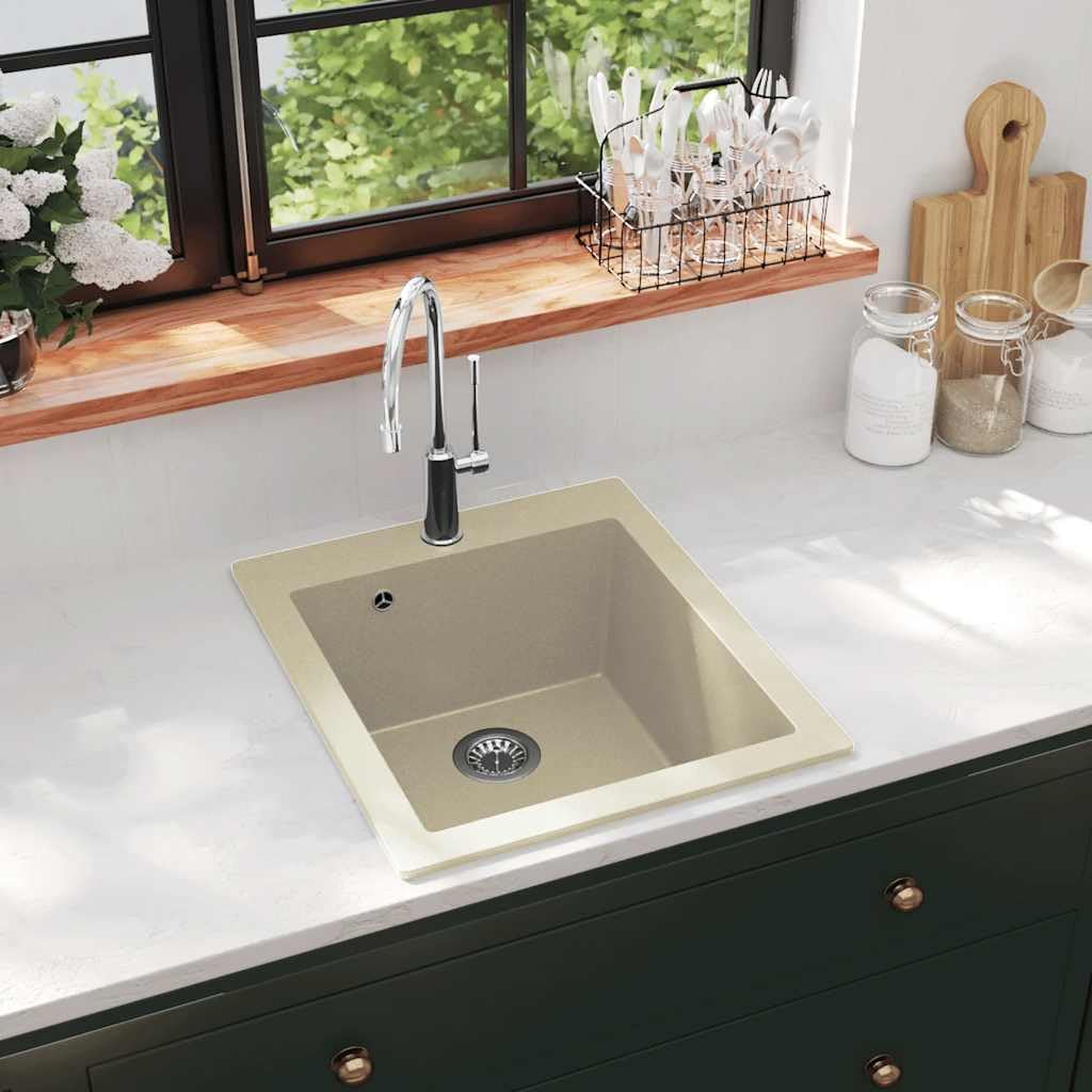Fregadero de granito para cocina (80% cuarzo y 20% resina, 425 x 500 mm, con escurridor, resistente al calor hasta 280 °C, resistente a arañazos y manchas)