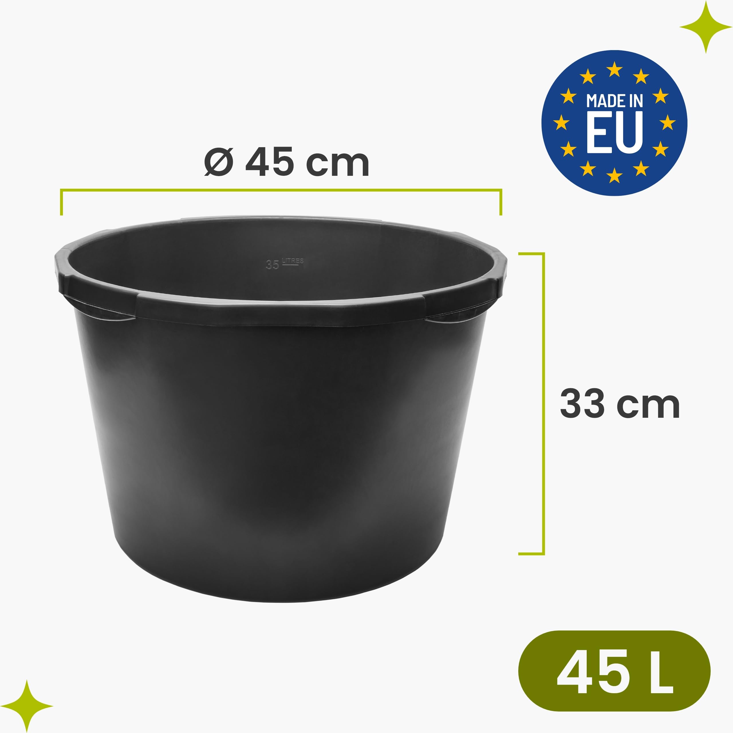 Garronda Lot de 1 Grande Bassine Plastique 45L Seau à Mortier Rond GD-0170 | Cuve de Chantier, Fond Rigide, Poignées Intégrées, Graduée, Bac Plastique Renforcé pour Eau Construction Jardin Maison, Noir