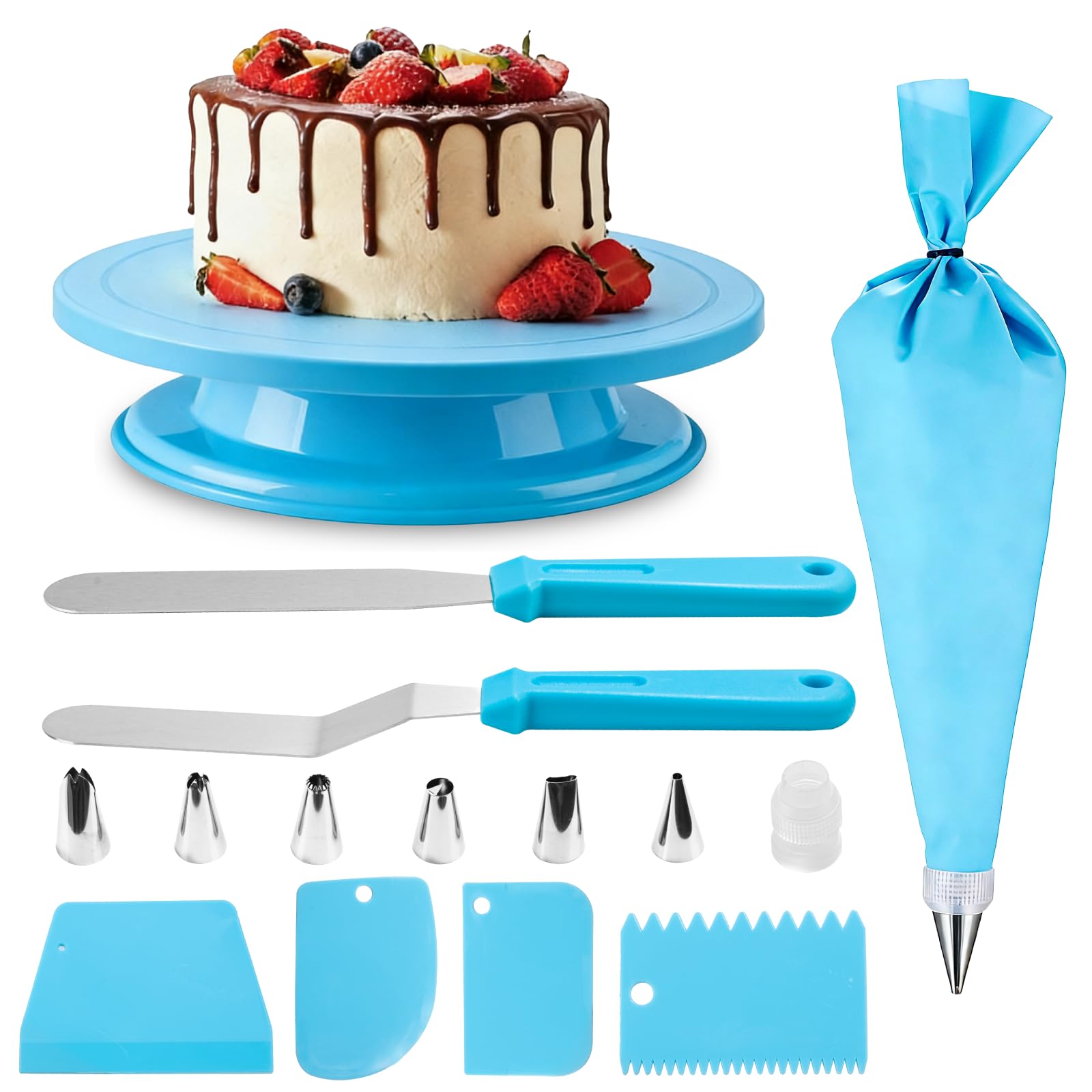 JUYUANXIN 1 Plato Giratorio para Tartas, Plato Giratorio Decoración Pasteles, decoración pastel kit, accesorios para tartas, con 2 espátulas 6", 4 raspadores, 8 mangas pasteleras con boquillas (rosa) — view 8