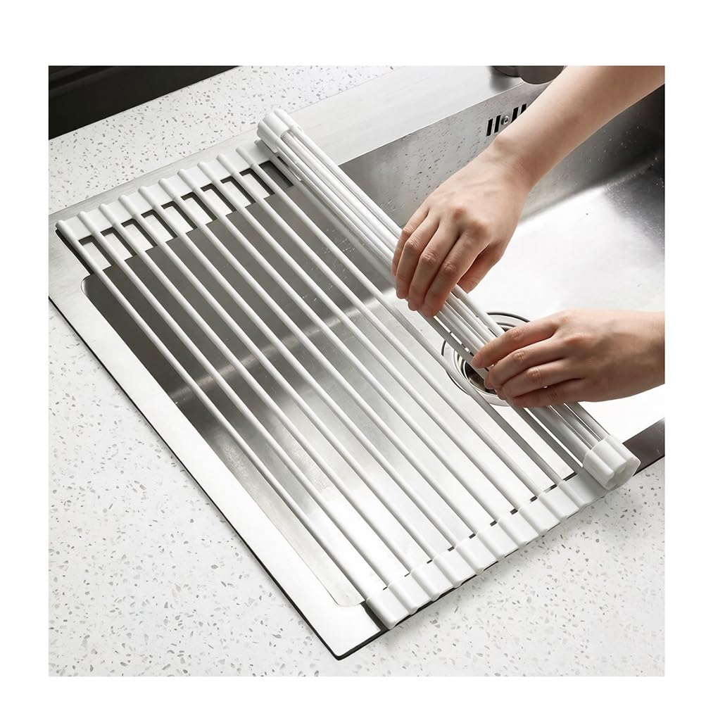Escurridor de platos enrollable multiusos, escurridor de cocina plegable para colocar sobre el fregadero, barra de acero inoxidable con cubierta de silicona completa, escurridor antideslizante para e