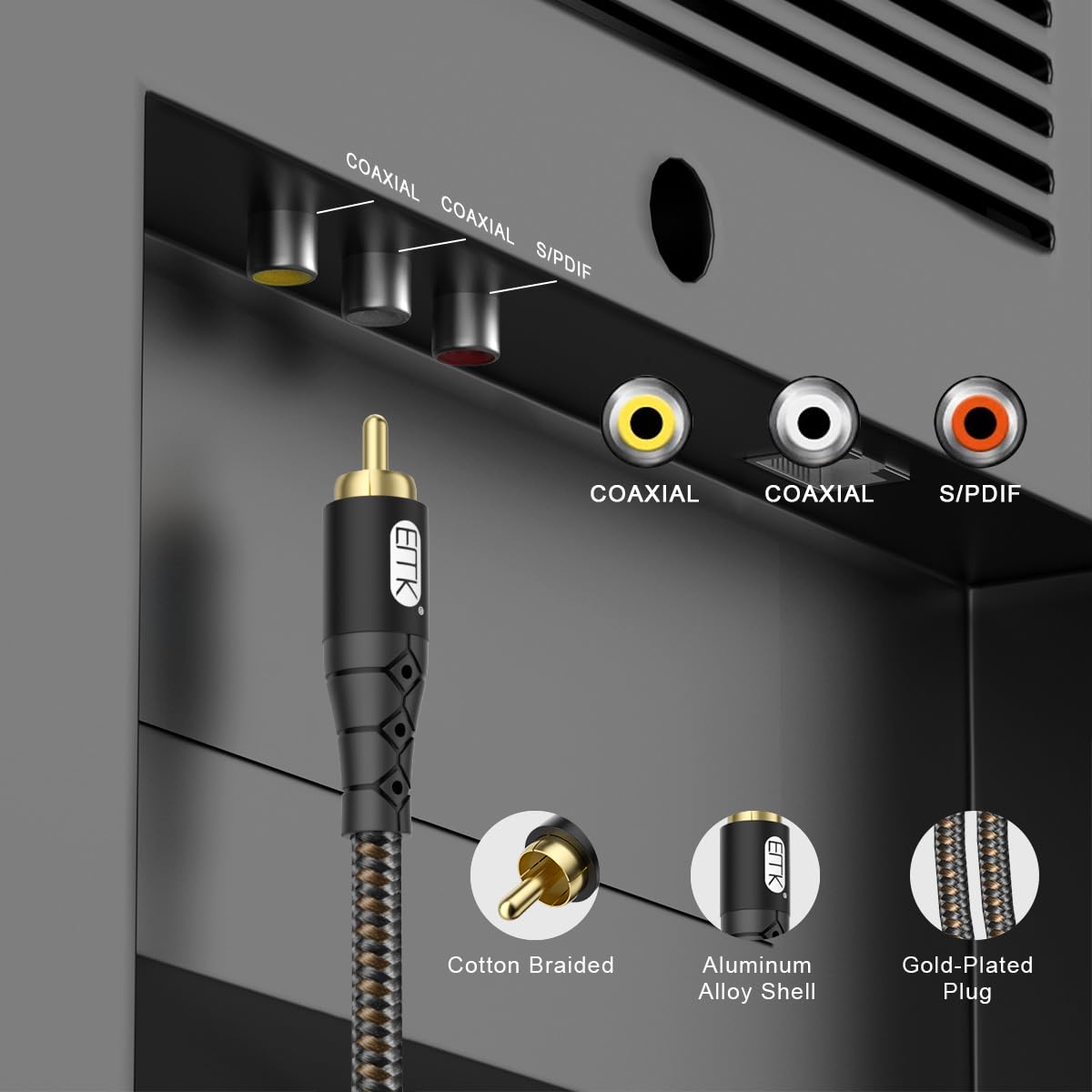 EMK Cable de subwoofer RCA a RCA – Conector chapado en oro de 24 quilates de nailon trenzado de doble blindaje, cable de audio digital y analógico, soporte de señal para amplificadores, subwoofer