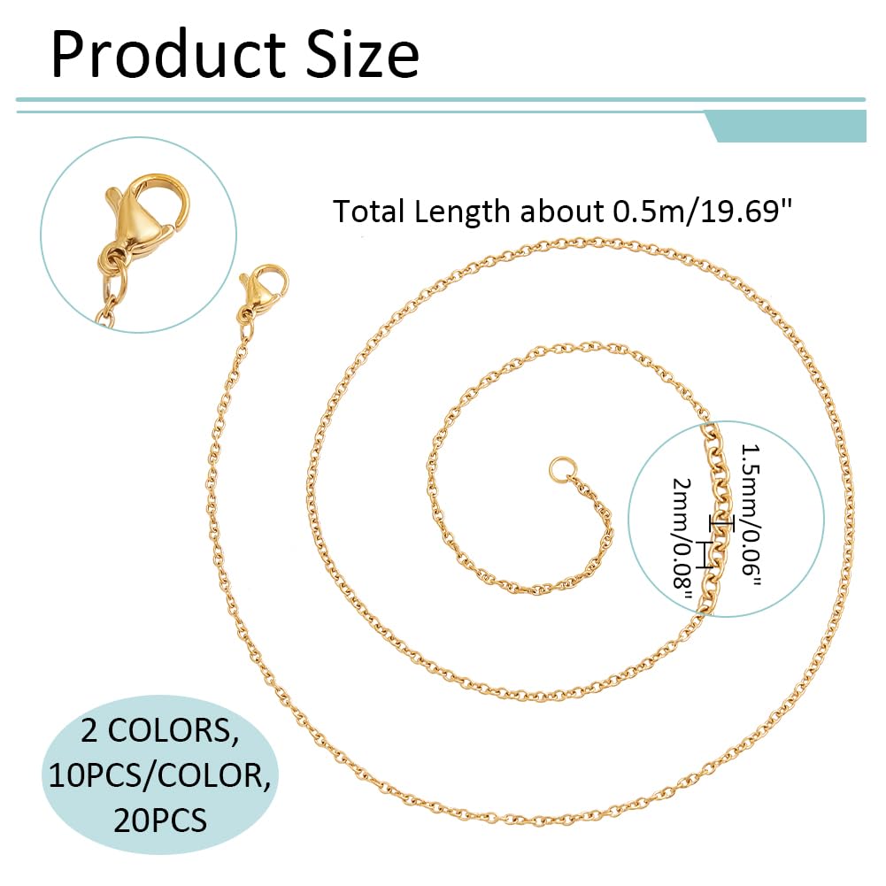 20 Chaînes Inox Doré 50 Cm Avec Mousqueton - Chaîne Collier 1,5 Mm Pour Bijoux DIY & Pendentifs