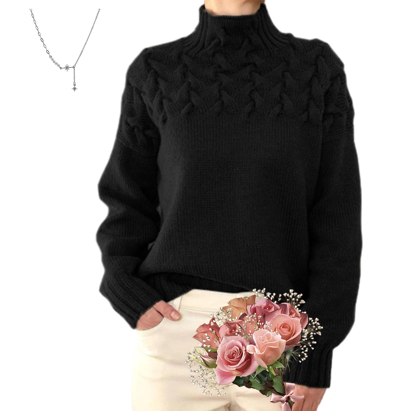 POIOZXD Cashmere High Neck Sweater, Cozy Knitted Turtleneck Sweater Cable Knitted Cashmere Sweaters for Women Soft Warm Knitted Jumpers (Black,M)