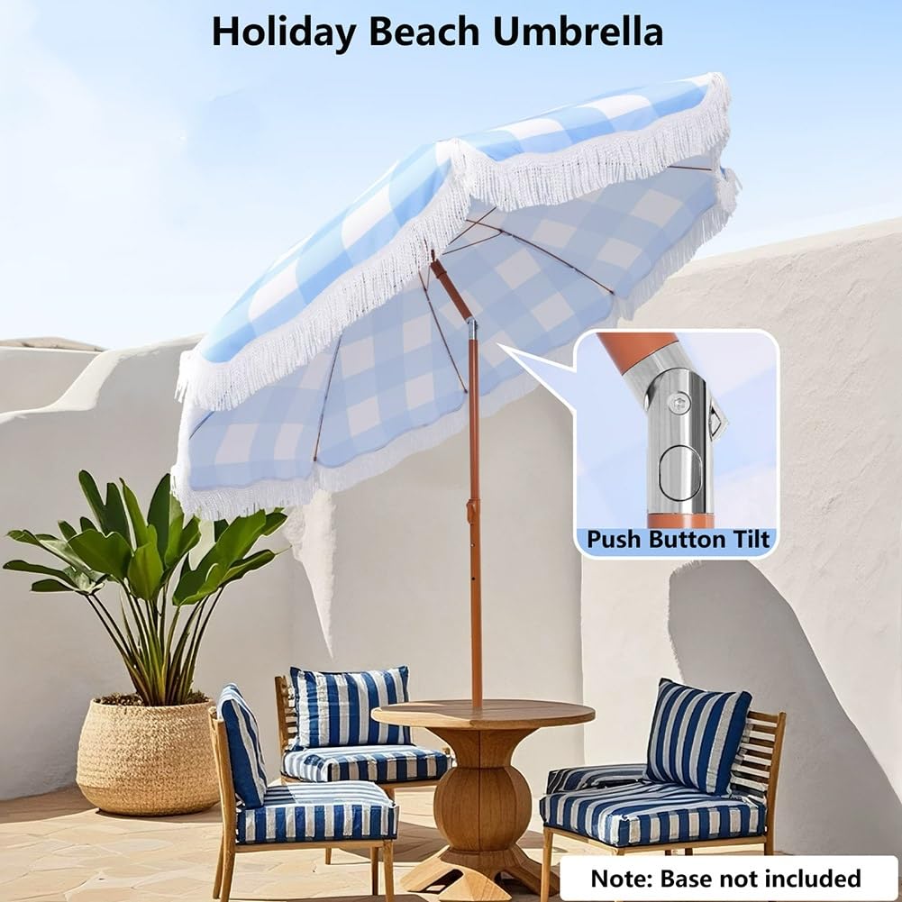 200 cm Parasol Plażowy z Frędzlami, Wodoodporny Ochrona UV Przenośny Odchylany Parasol Ogrodowy z Regulowanym Słupkiem(Pink)