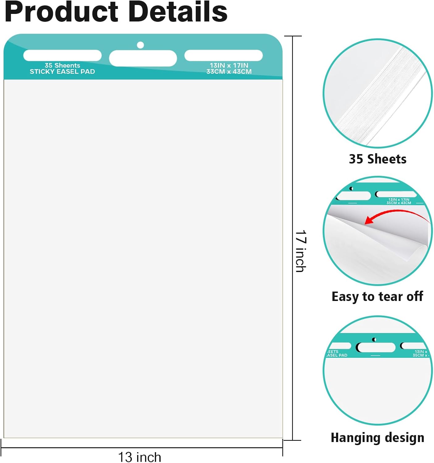 Sticky Easel Pad,13 in x 17 in Flip Chart Paper, 35 Sheets/Pad, Sticky Anchor Chart Paper for Teachers,Self-Stick Easel Paper,Super Sticky & Bleed-Resistant for Classroom, Office, 3 Pads