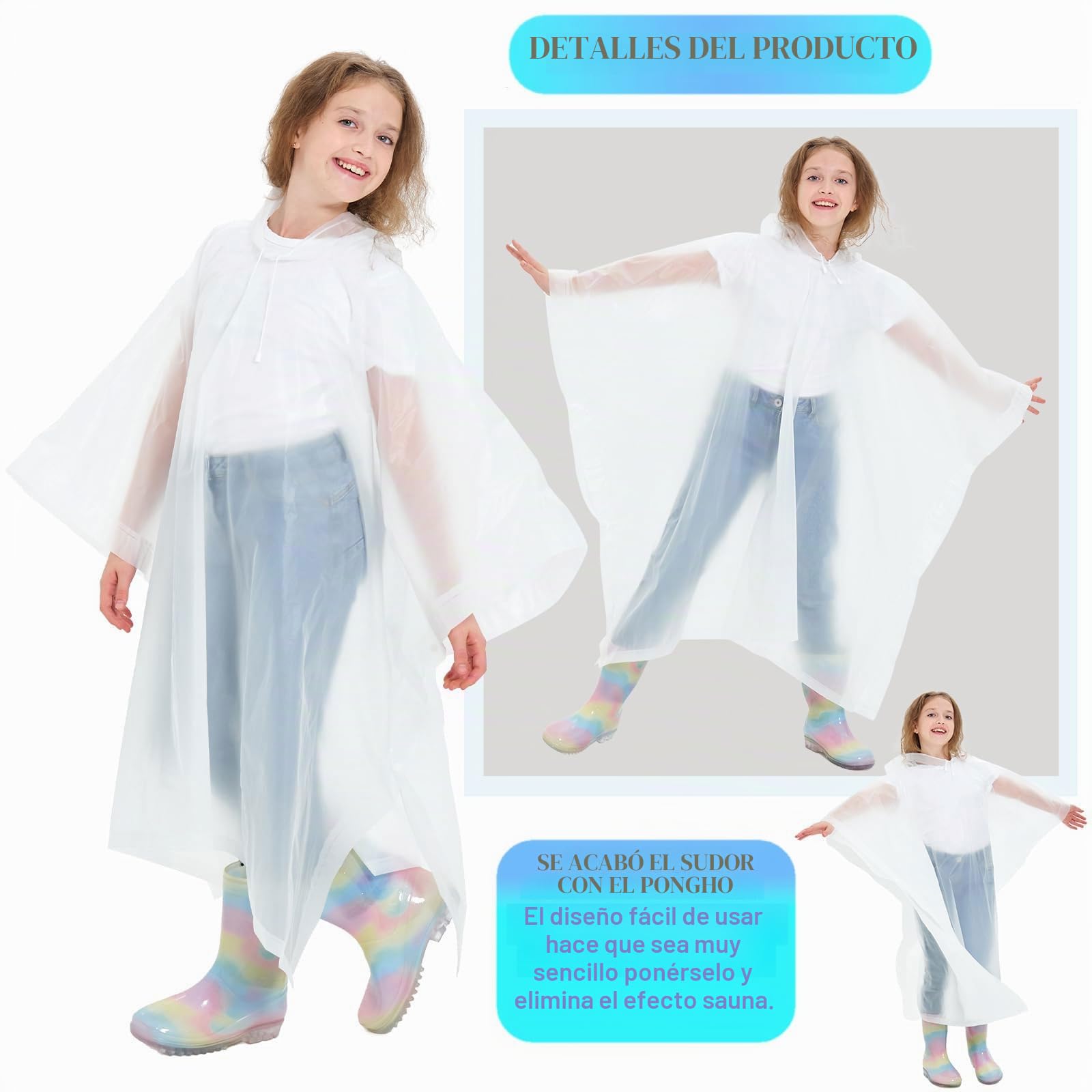Poncho de lluvia impermeable para niños, reutilizable, impermeable, transparente, con capucha y botones, capa de lluvia ligera para niños, para la escuela, viajes al aire libre