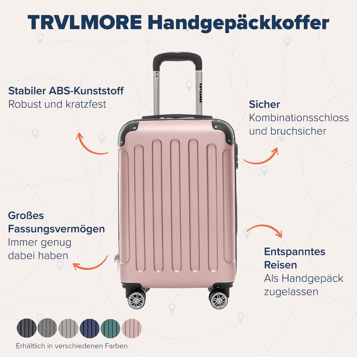 TRVLMORE Handgepäck Koffer 54x36x20cm - Koffer & Trolleys, Reisekoffer mit Rollen, Handgepäck Trolley 54x36x20, Hartschalenkoffer Klein, Koffer Handgepäck 54x36x20 Leicht, Trolley Handgepäck, Rosa