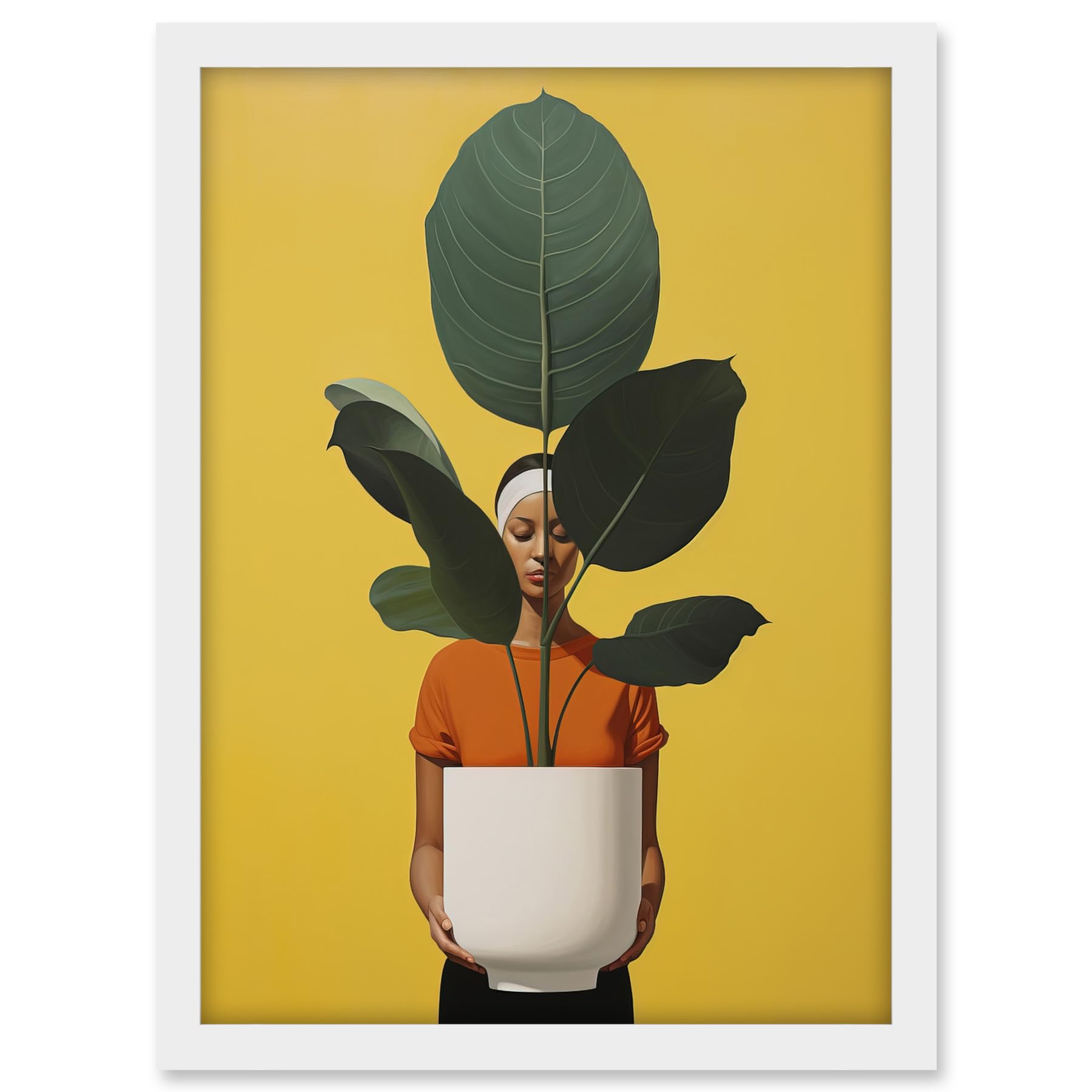 Artery8 Rubber Tree Showcase Realistic Oil Painting Yellow Orange Green Woman with Plant Pot Minimalist Artwork Framed A3 Wall Art Print