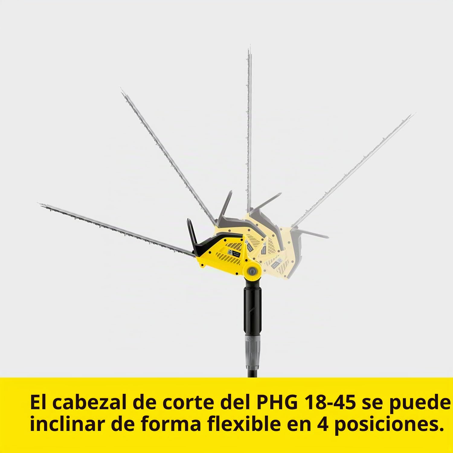 Kärcher 18 V Cortasetos pértiga PHG 18-45, longitud de corte: 45 cm, prolongación, cabezal de corte inclinable, rendimiento: máx. 250-500 m, compatible con la batería Kärcher 18 V, batería no incluida