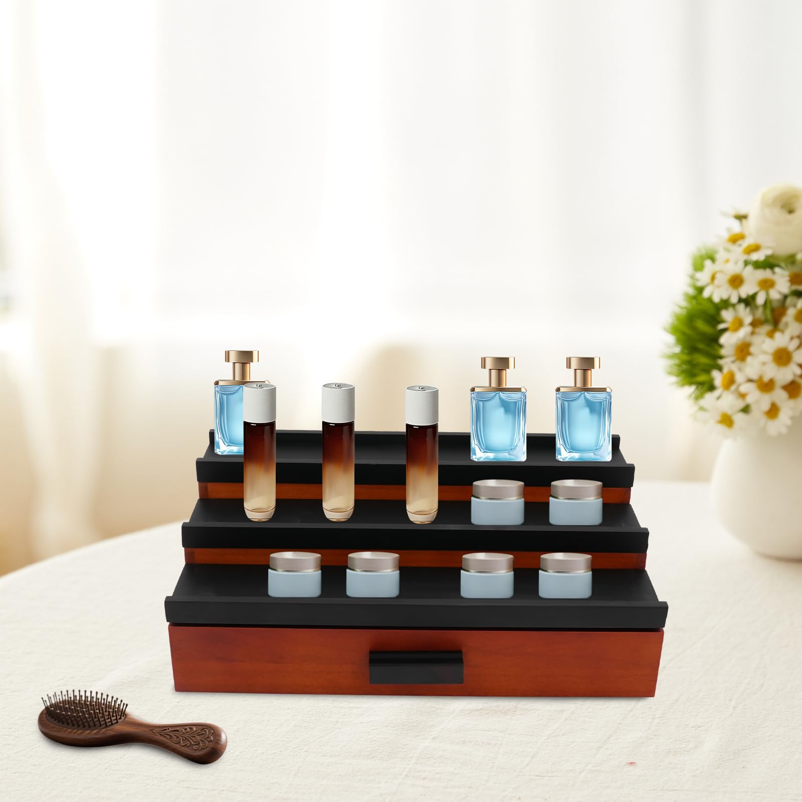 3-poziomowy organizer na perfumy, drewniany, do użytku w domu i hotelu, stopniowy organizer na perfumy, nadaje się do przechowywania perfum, w różnych rozmiarach, 32 x 21,84 x 10,41 cm